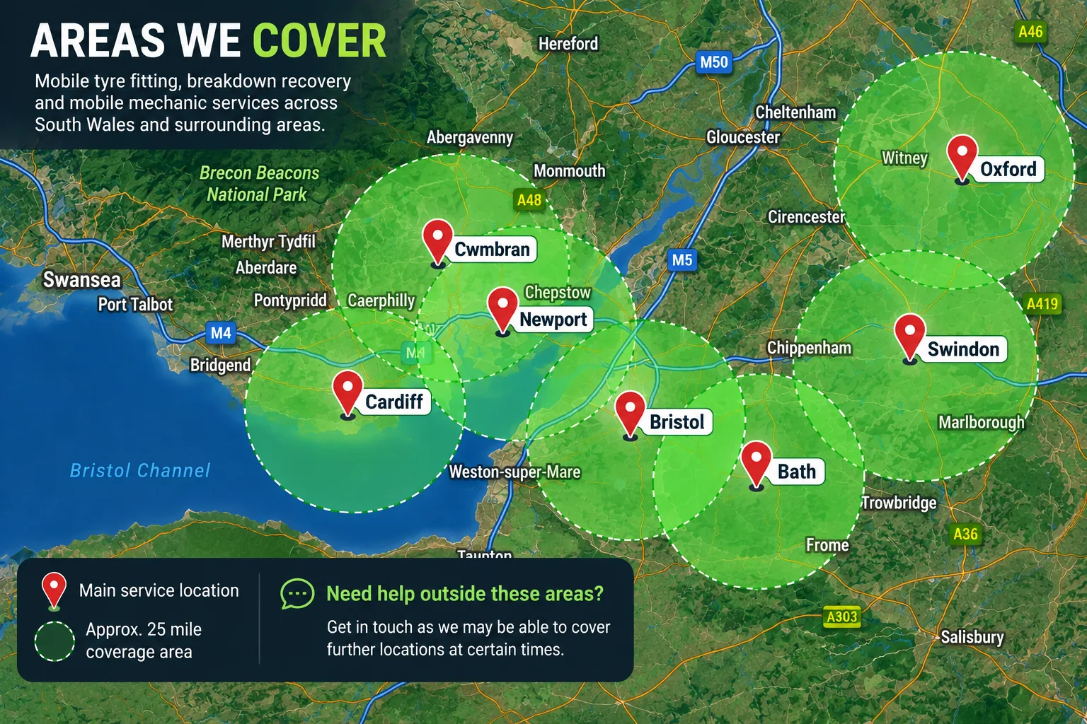 Map showing the seven main 247 Mobile Tyres and Recovery service locations with approximate 25 mile coverage areas